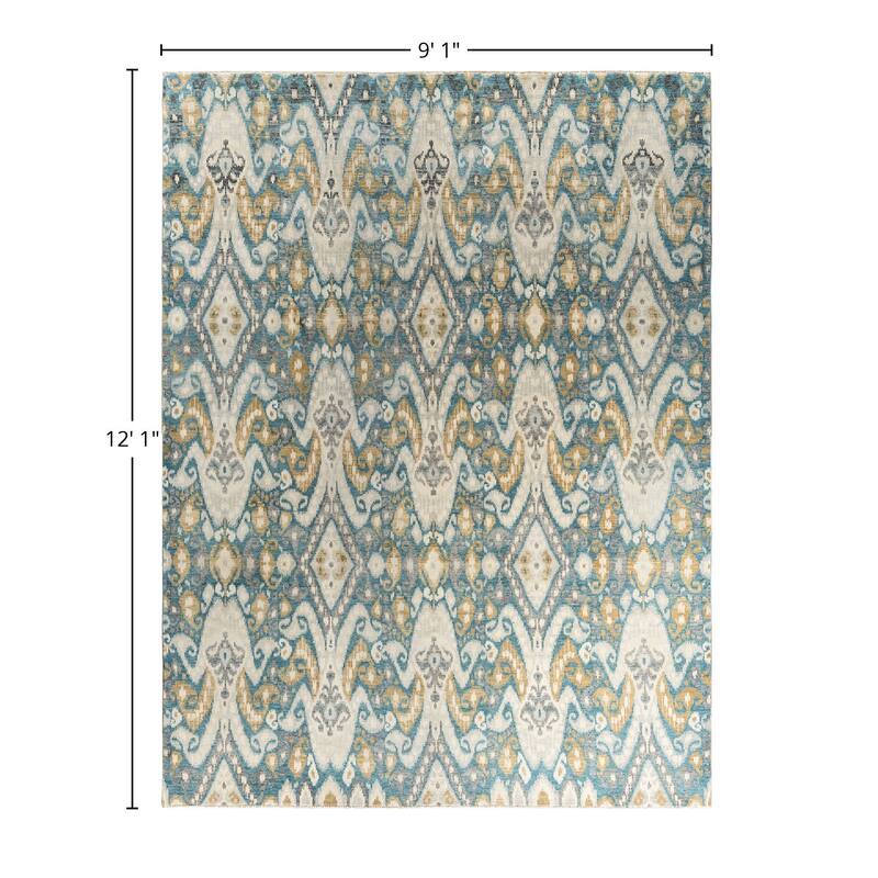 Ikat One-of-a-Kind Hand-Knotted Area Rug - Teal, 9' 1" x 12' 1" - 9' 1" x 12' 1"
