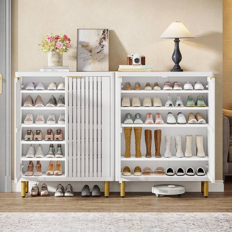6-Tier Shoe Cabinet with Shutter Doors Adjustable Shelves Wooden Storage Cabinet for Entryway/Hallway/Closet/Living Room