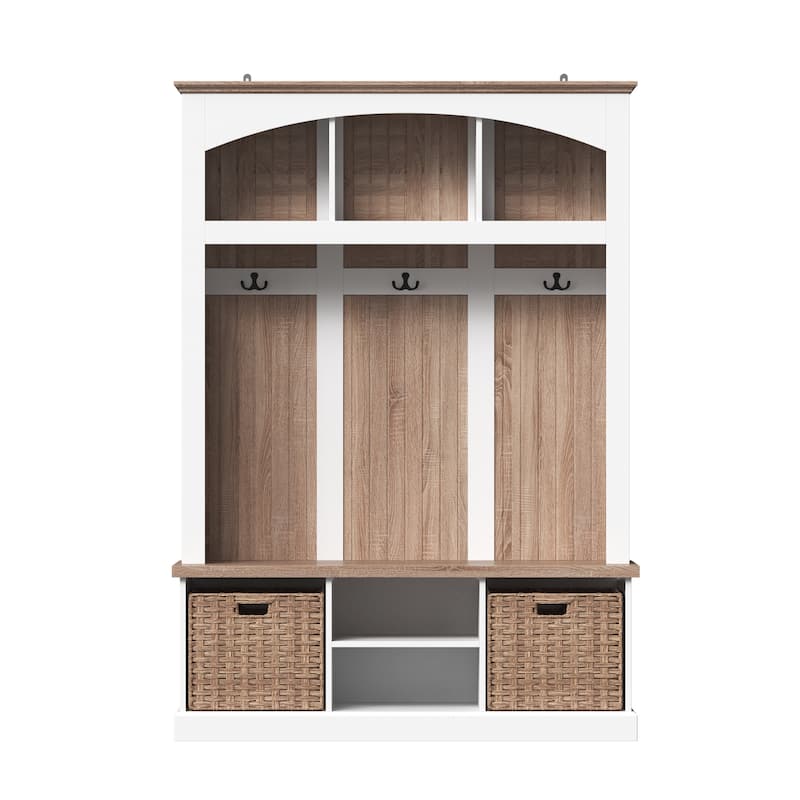 Entryway Hall Tree with Shoe Bench and 2 Rattan Baskets, Mudroom Storage Organizer