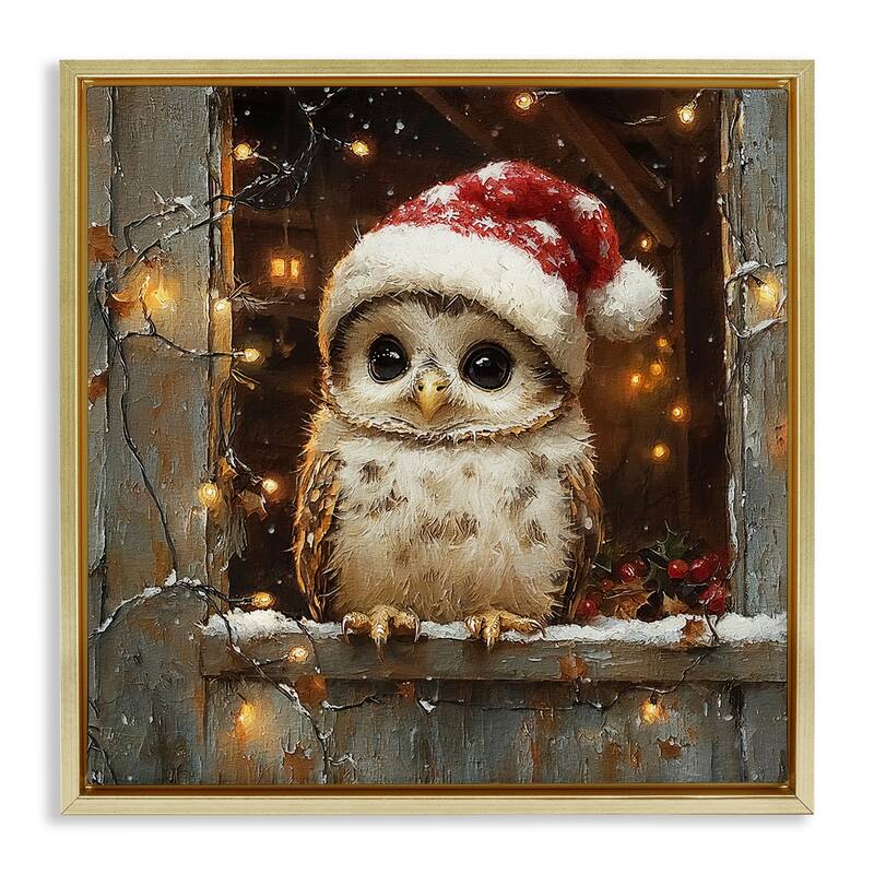 Stupell Festive Owl with Holiday Lights Framed Floater Canvas Wall Art Design By Riley B - 25 x 25 - Gold