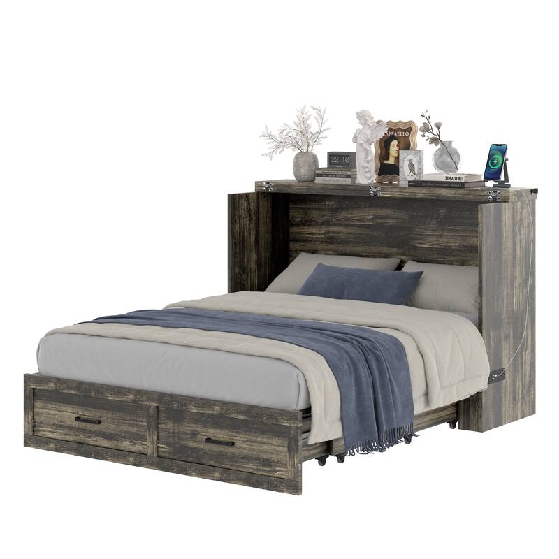 Queen/Full Size Murphy Cabinet Bed - Foldable Platform Bed with Charging Station & Large Storage Drawer