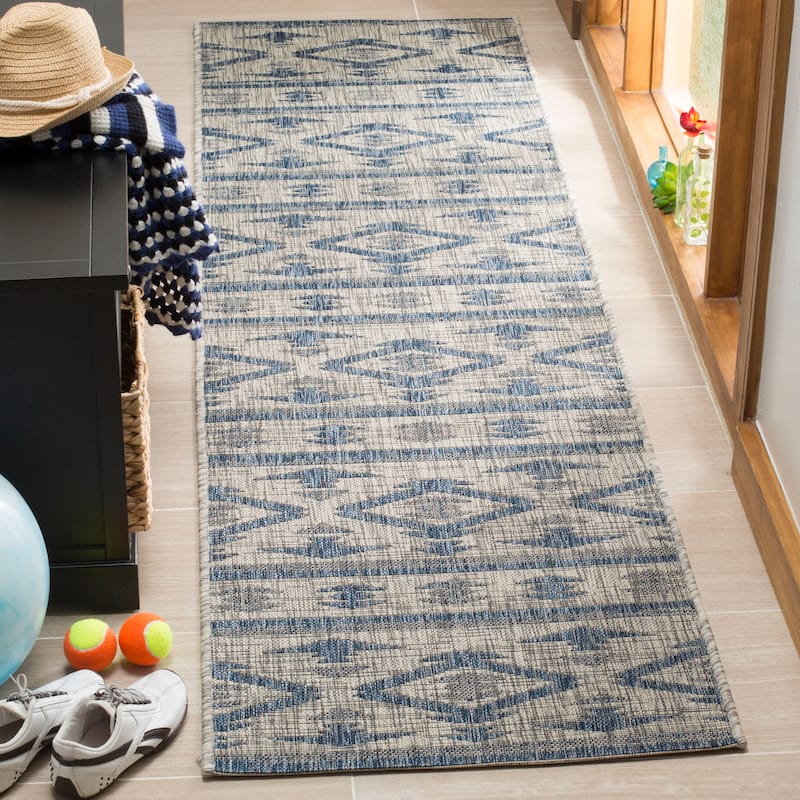 SAFAVIEH Courtyard Fraidel Indoor/ Outdoor Waterproof Patio Backyard Rug - 2'3" x 6'7" Runner - Grey/Navy