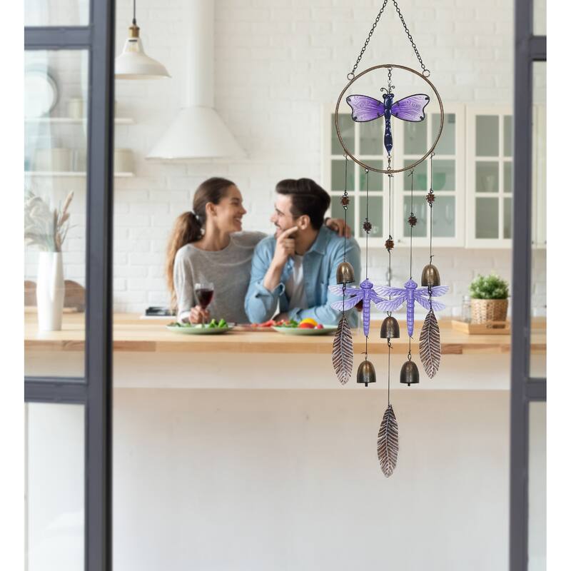 CoTa Global Purple Dragonfly Hanging Metal Wind Spinner Wind Chime - 37 inches