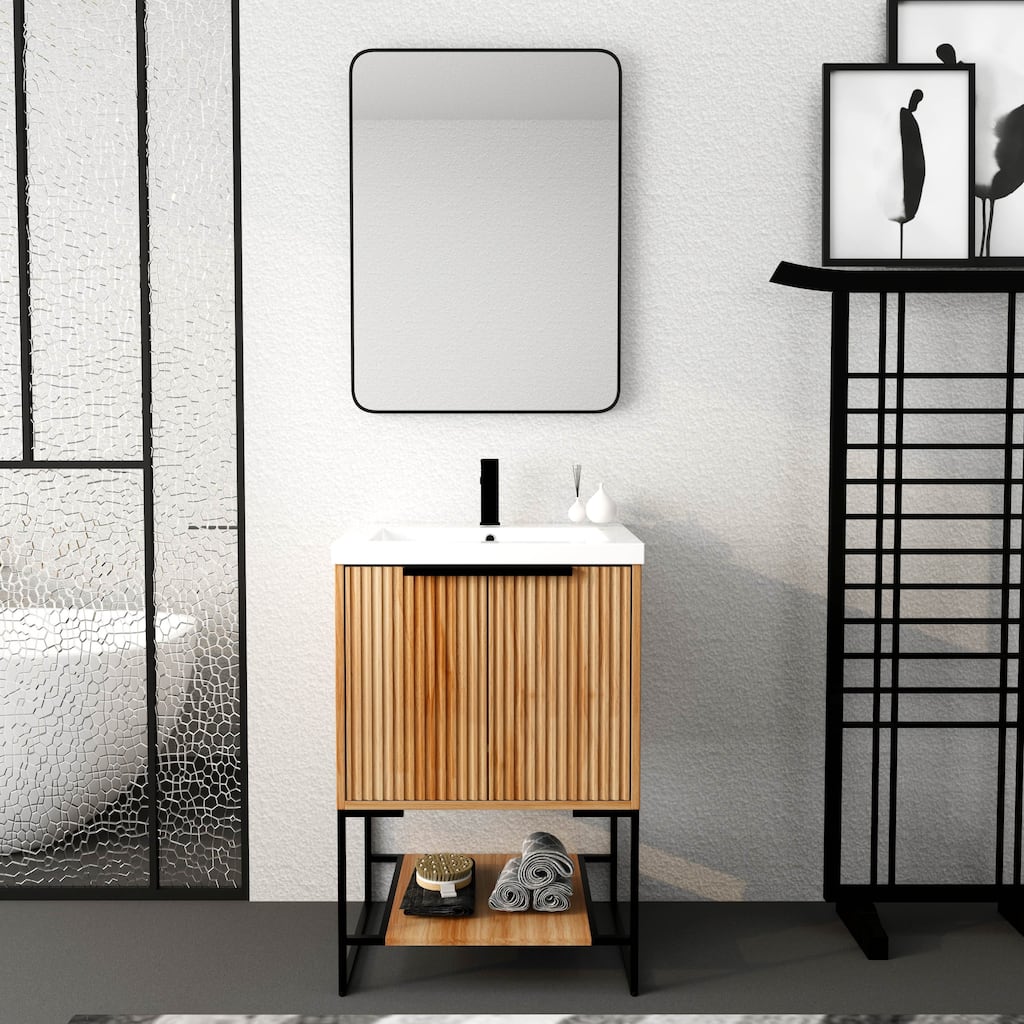 Wood Bathroom Vanity Cabinet With Resin Basin and Shelf, 24x18x35 inch
