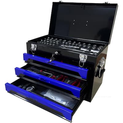 Utility Tool Box with Tool Set, 3 Drawers Metal Toolbox with Ball-Bearing Drawer Slides Safe Lockable Tool Storage Cabinet