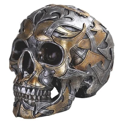 Q-Max 7.75"W Skull with Gold and Silver Tattoo Statue Fantasy Decoration Figurine