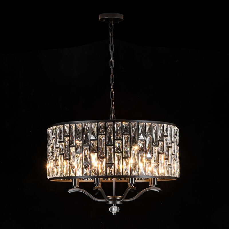 8-Light Modern Glam Black Faceted Crystal Chandelier with Cylinder Drum Shade for Dining Room, Living Room