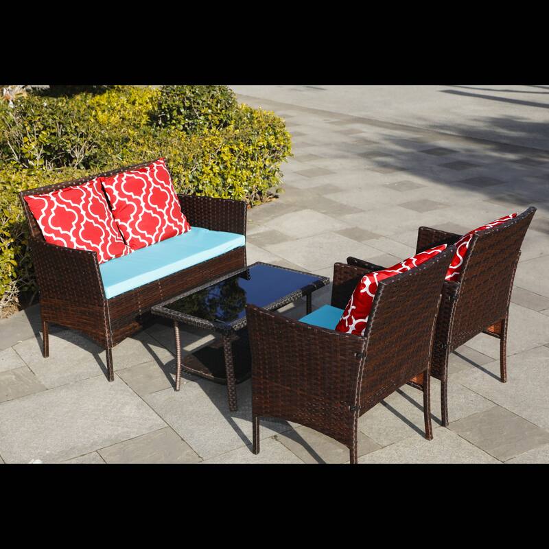 4-Piece Sofa Set Table With Sofa Chair PE Rattan With Cushion