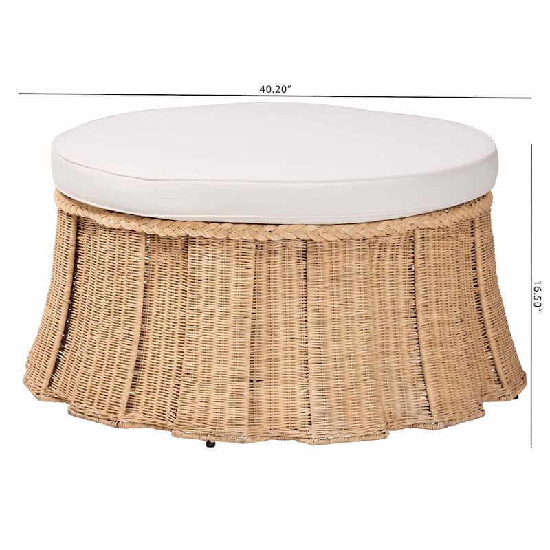 Ying Round Natural Rattan Ottoman with Cushion - Handwoven Wicker Pleated Skirt Accent Coffee Table or Extra Seating