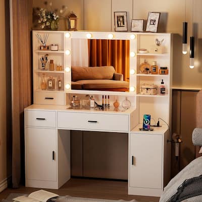 PAKASEPT Vanity Set with Lighted Mirror, Modern Makeup Vanity Dressing Table with 10 LED Bulbs & Power Outlet