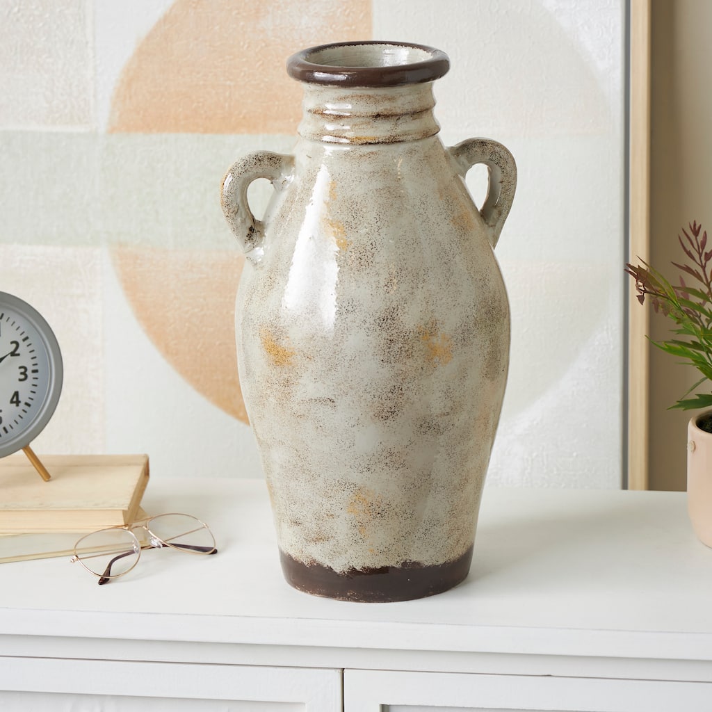 Cream Ceramic Antique Amphora Decorative Vase with Speckled Texturing and Yellow and Brown Accents