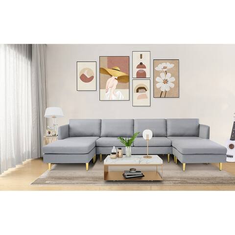 Modern Convertible 5-seater Sofa Set Living Room Furniture Sectional Sofa with Chaise Lounges with Footstool and Metal Legs