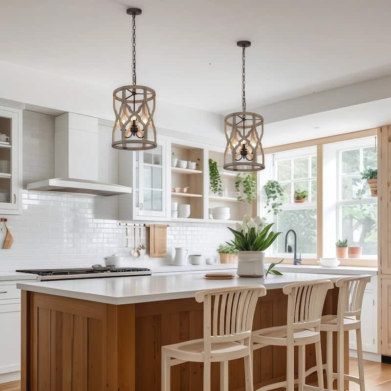 Modern Farmhouse 3-Light Wood Chandelier Lantern Pendant for Kitchen Island Foyer