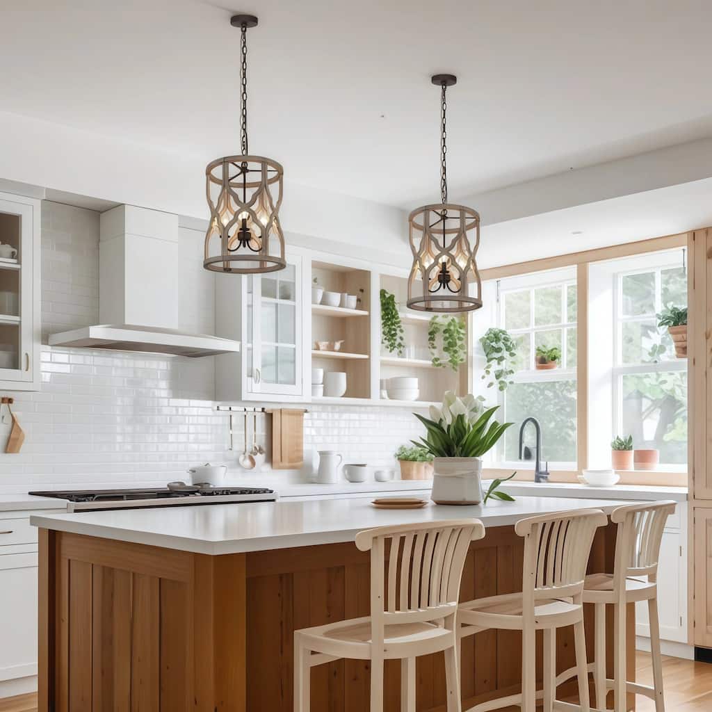 Modern Farmhouse 3-Light Wood Chandelier Lantern Pendant for Kitchen Island Foyer