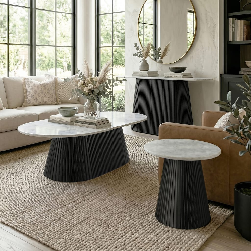 Furniture of America Aevia Modern 3-Piece Black Wood Reeding Base Coffee Table Set with Sintered Stone Top