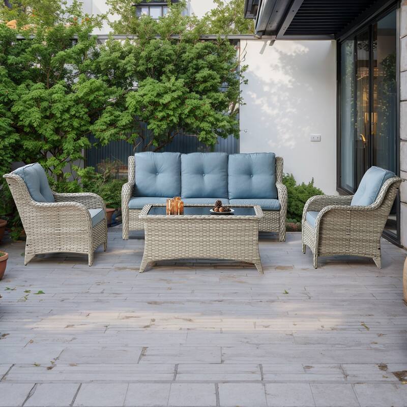 Gymojoy 4-Piece Outdoor Patio Sofa Chair with Coffee Table - Light Grey - Baby Blue