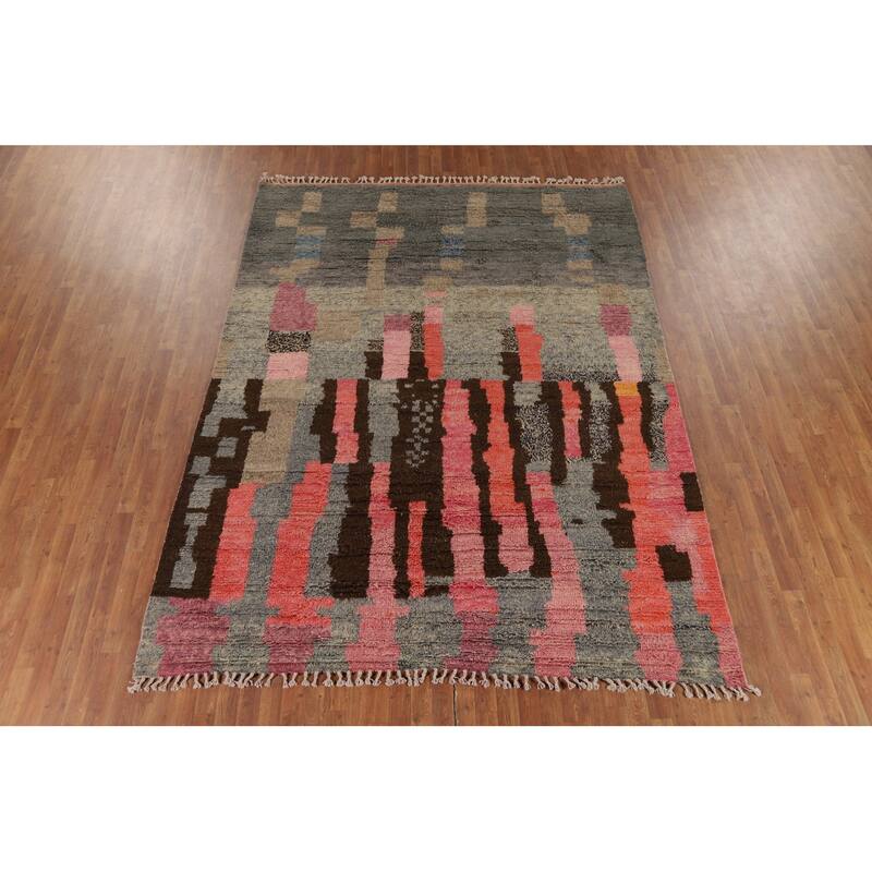 Plush Moroccan Oriental Area Rug Handmade Grey Wool Carpet - 7'10" x 10'4"