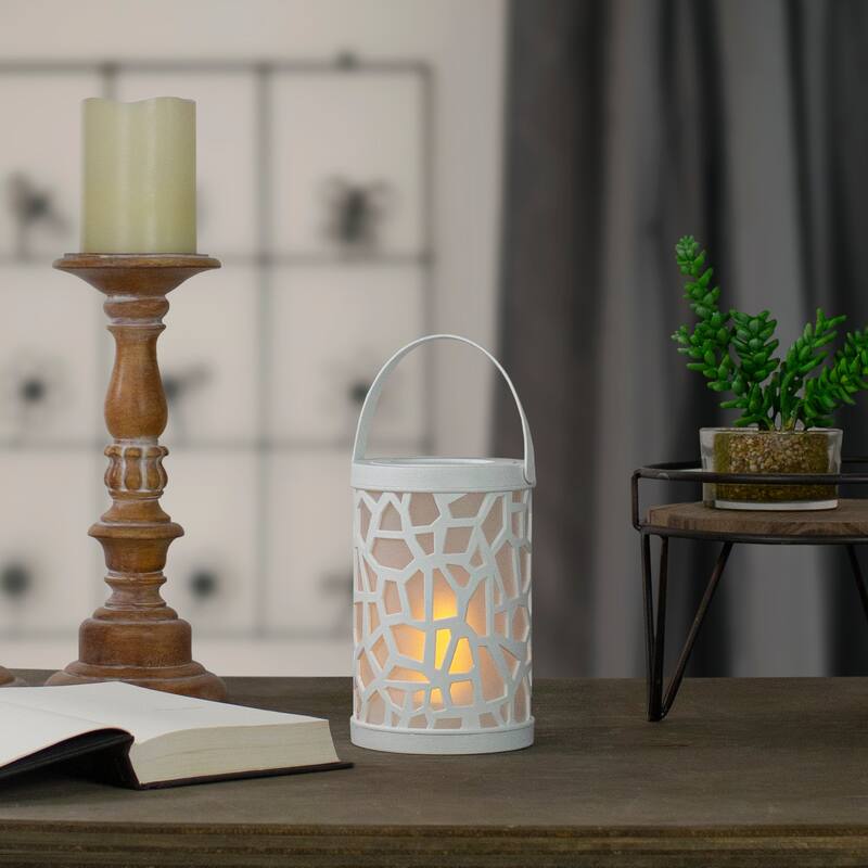 LED Lighted Faux Flame Mosaic Lantern with Handle - 6.5" - White