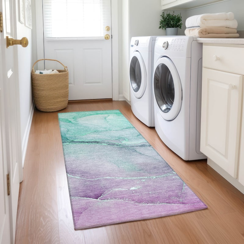 Machine Washable Indoor/ Outdoor Watercolor Chantille Rug - Aloe - 2'3" x 7'6"