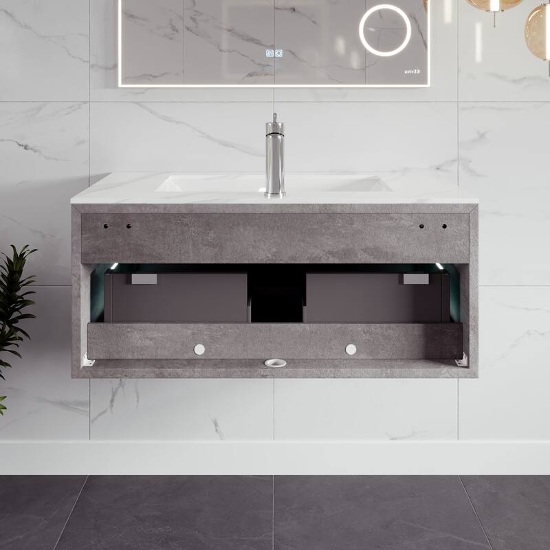 Eviva Aurora 36" Concrete Gray Wall Mount Bath Vanity with Carrara Quartz Top