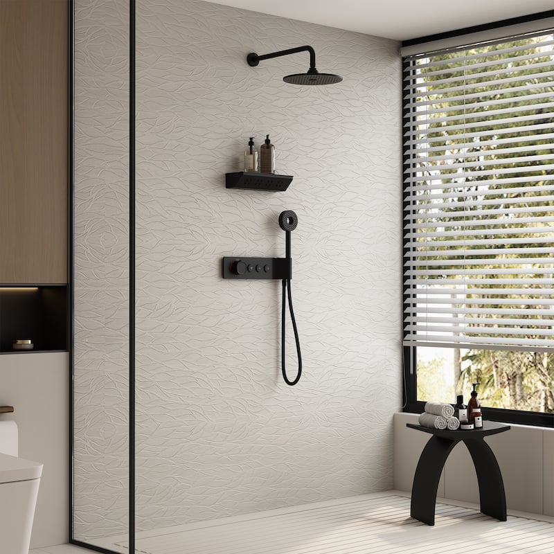 3-Spray Shower Faucet Set 10" Wall Mounted Thermostatic Shower Head with Body Jets and Handheld Shower in Matte Black - Matte Black