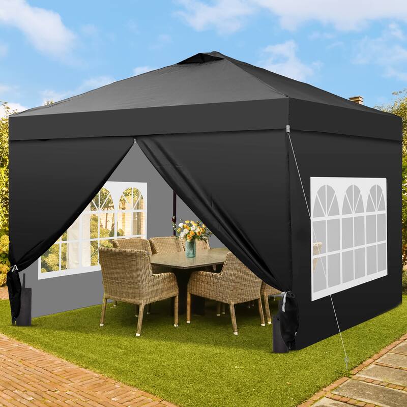 Ainfox 12x12 Pop Up Canopy Tent with 4 Sidewalls, Outdoor Beach Gazebos with 4 Sandbags - Black