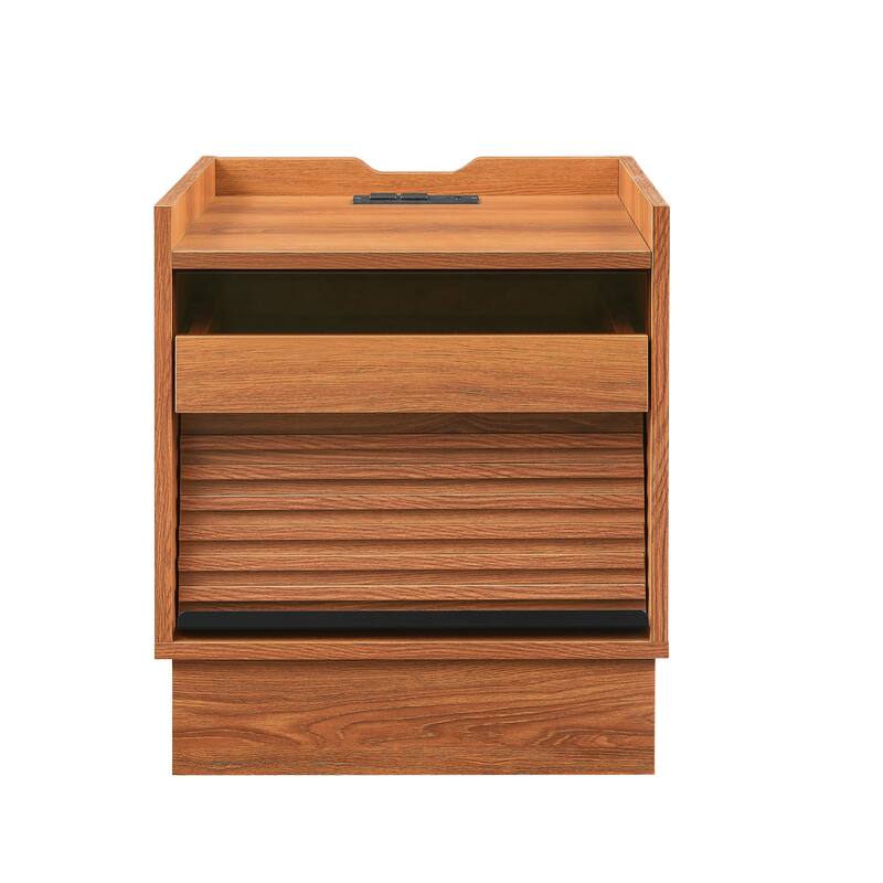 Mid-Century Modern 2-Drawer Nightstand with Charging Station & LED Lights - Bedside/End Table (Yellow)