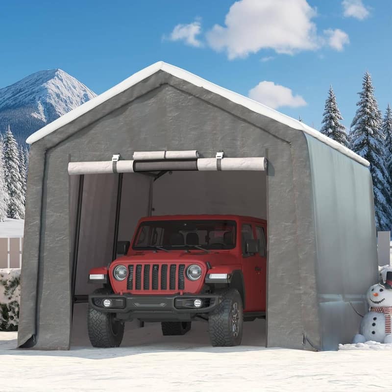 10x15 FT Portable Outdoor Storage Shed, Carport for Motorcycle, Firewood, Garden and Tools - Grey