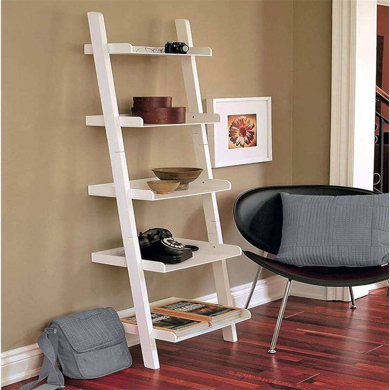 5 Tier Ladder Shelf Leaning Bookshelf Storage Rack for Home - 14"D x 18"W x 66"H