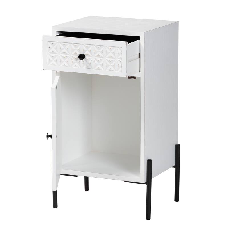 Nefeli Mid-Century Transitional White Finished Wood and Black Metal 1-Drawer Storage Cabinet