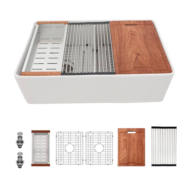 33'' White Farmhouse Double Bowl Ceramic Kitchen Sink - 33'' x 20'' x 10''