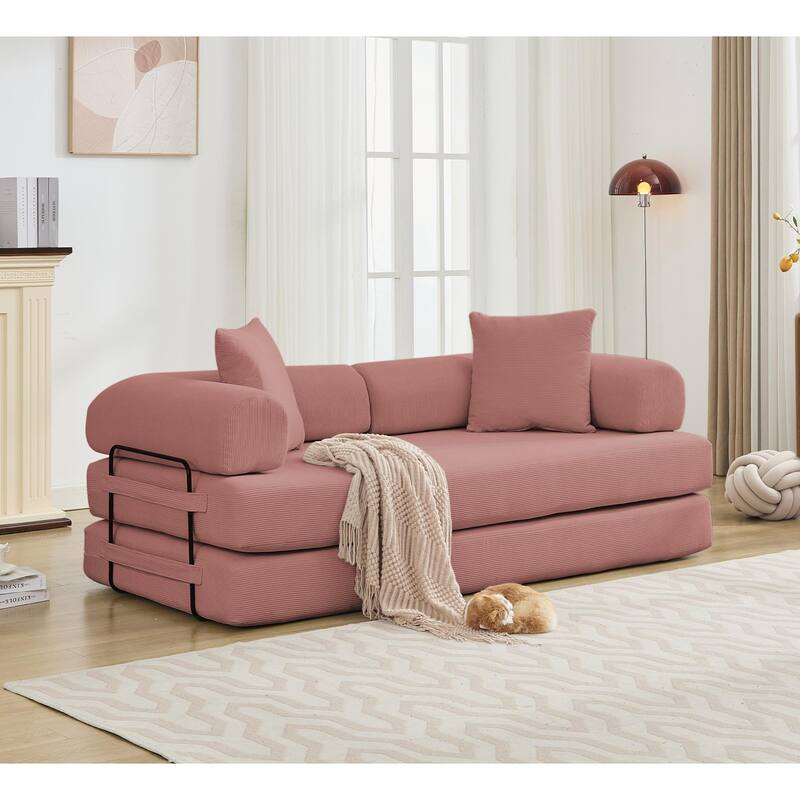 Folding Couch Convertible into King Size Floor Bed, 4-in-1 Corduroy Sleeper Sofa Bed with Moved Armrests and Non-Slip Pad