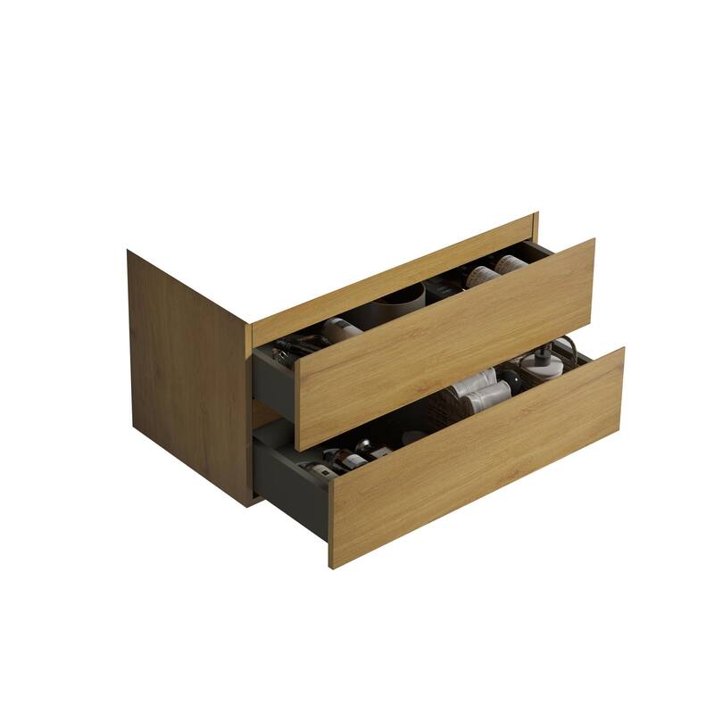 Wall mount cabinet WITHOUT basin, Natural oak color, with two drawers
