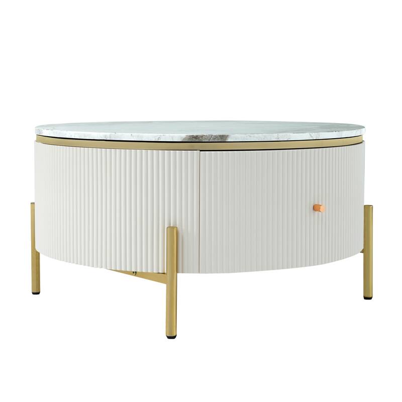 Roomfitters Modern Round Marble Coffee Table with Storage, Gold Metal Legs, 2 Hidden Compartments 31.5"