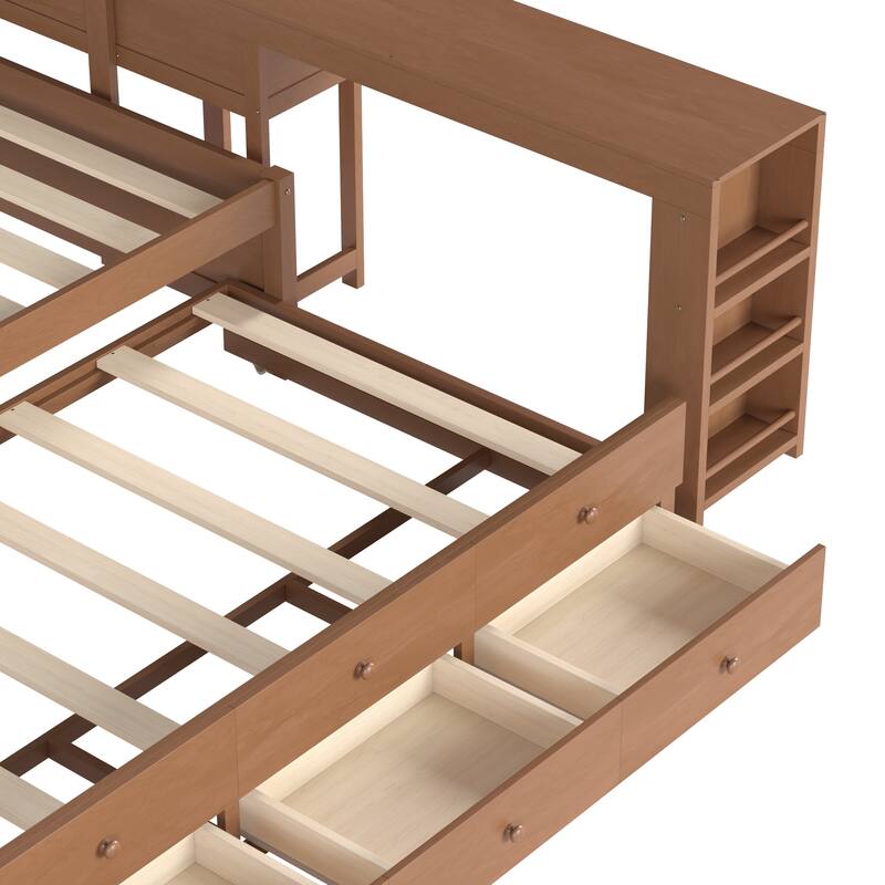 Full/Twin Daybed with Trundle & Storage Drawers - Wood Frame with Side Shelves and Desk