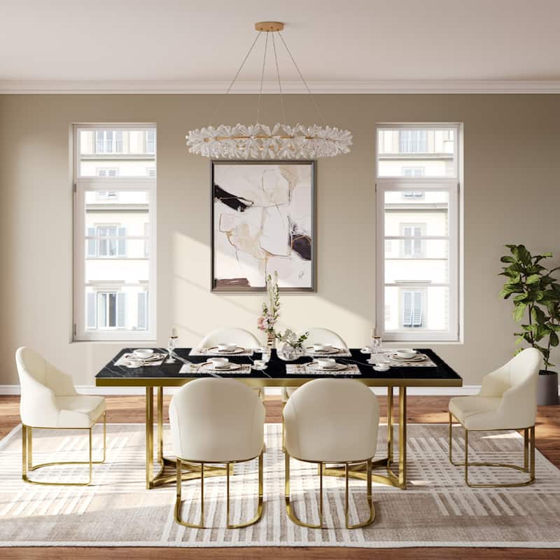 Modern Marble Dining Table with White Rectangular Tabletop Gold Stainless Legs, Dining Room Table