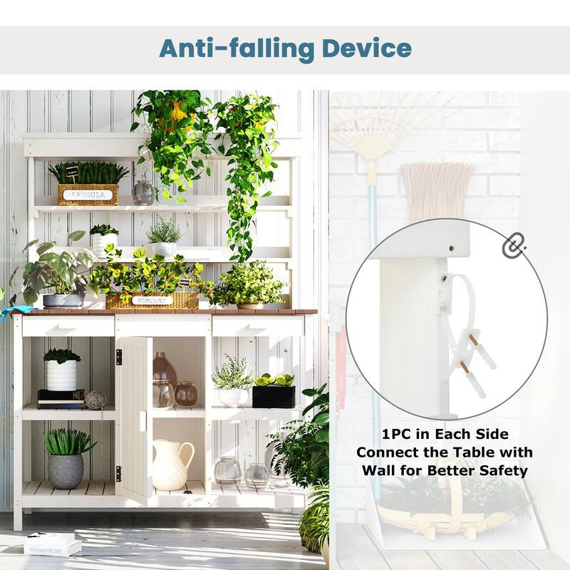 Outdoor Garden Potting Bench Table Workstation Planting Bench with 2 Drawers, Cabinet and Open Shelves for Backyard, Mudroom