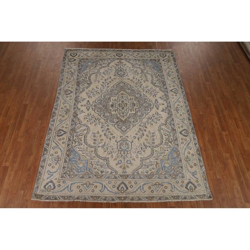Tabriz Persian Area Rug Traditional Beige Handmade Wool Carpet - 6'9"x 9'1"