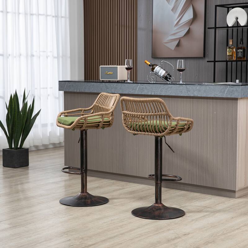 360° Swivel Bar Stools Set of 2, Adjustable Counter Height Chairs with Footrest, Rattan Bar Chairs with Cushions