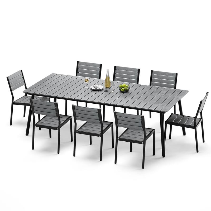 9-Piece Aluminum Outdoor Dining Set with Umbrella Hole and Stackable Chairs - Gray