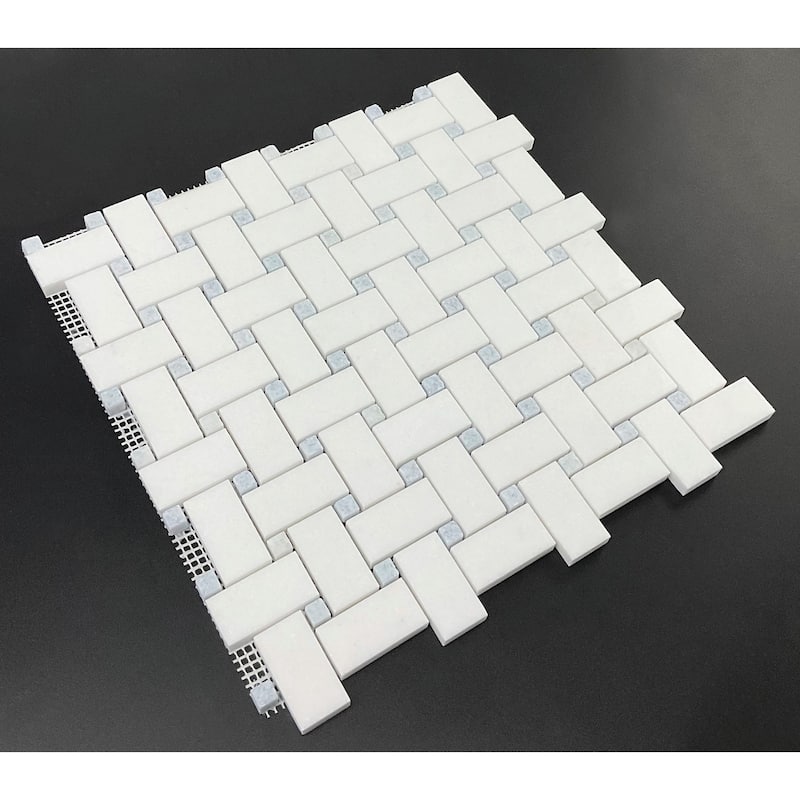 Thassos White with Blue Celeste 1 x 2 Basketweave Marble Mosaic Tiles - Case (10 Sheets)