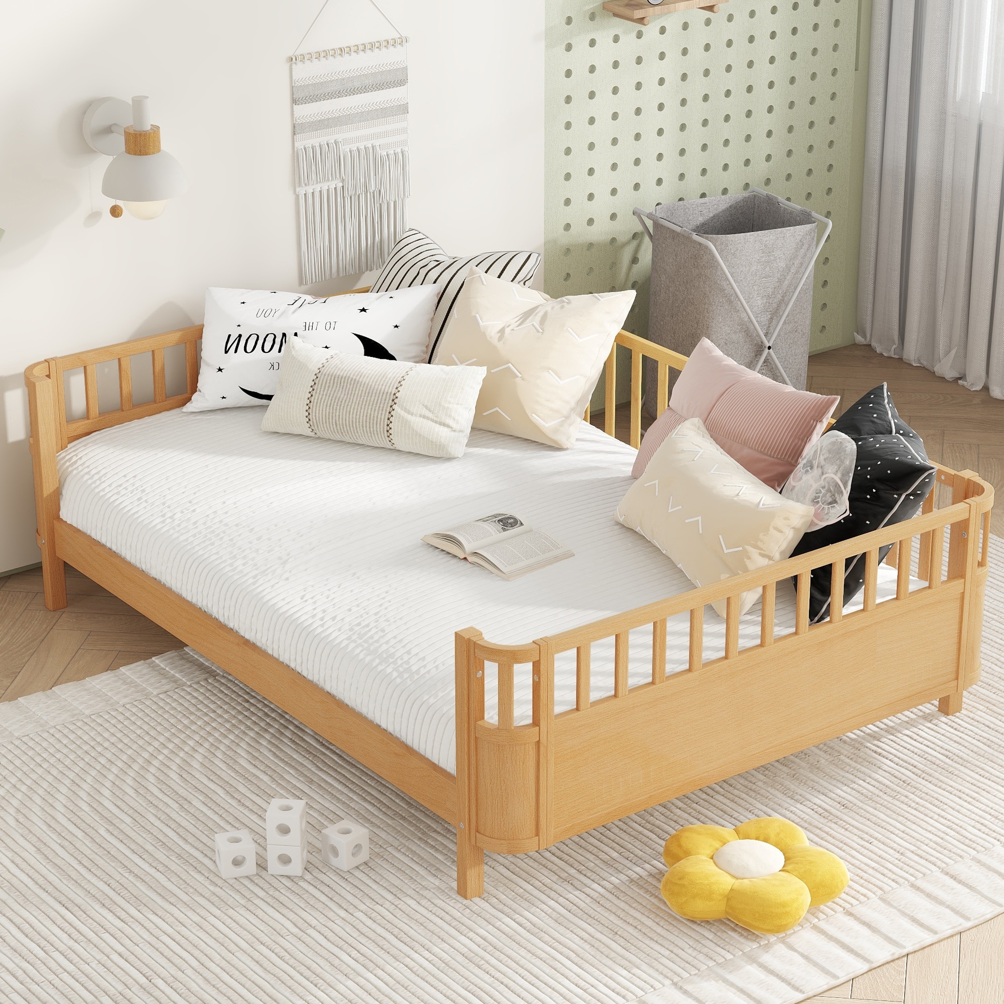 Multi Size Low Platform Bed for Kids with Rounded Corners Guardrails, Detachable Right-side Fence and Open Left-side Design