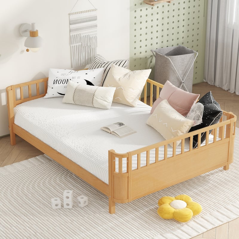 Multi Size Low Platform Bed for Kids with Rounded Corners Guardrails, Detachable Right-side Fence and Open Left-side Design - Natural - Full