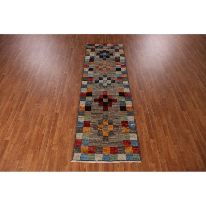 Moroccan Oriental Runner Rug Handmade Checkered Wool Carpet - 3'1" x 9'10"