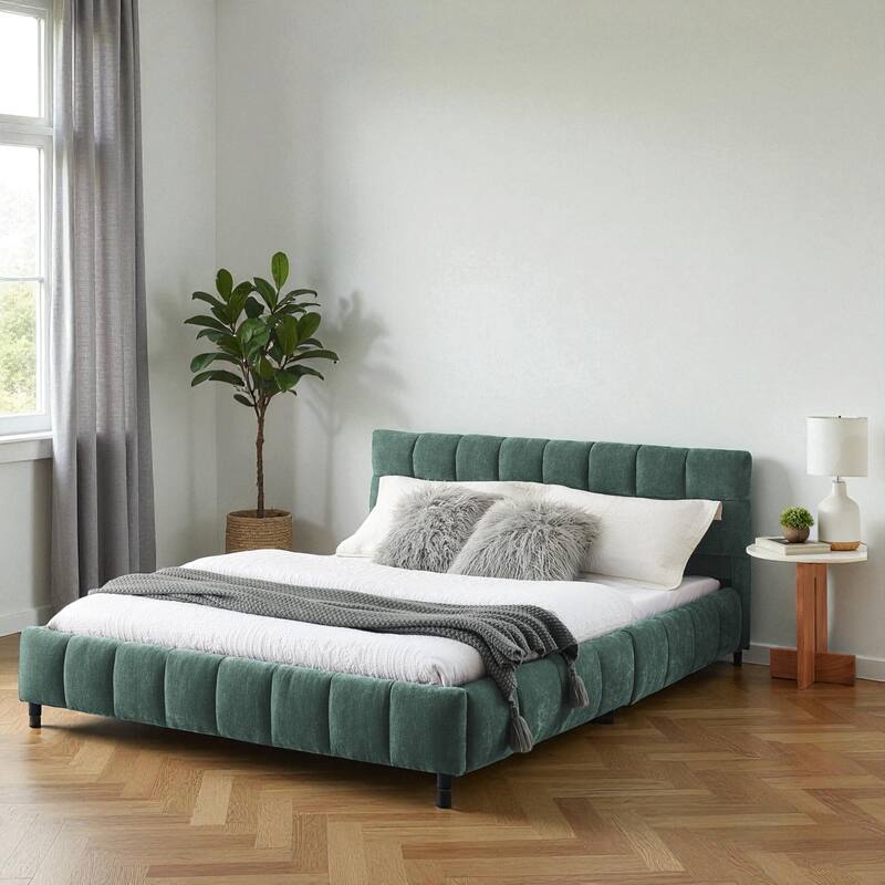 Queen Upholstered Platform Bed with Chenille Fabric, Soft Headboard & Underbed Storage Drawer, Solid Bed Frame