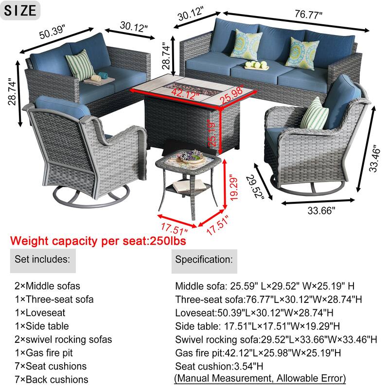 OVIOS 6-piece Patio Loveseat Swivel Chair Set With 42" Fire Table