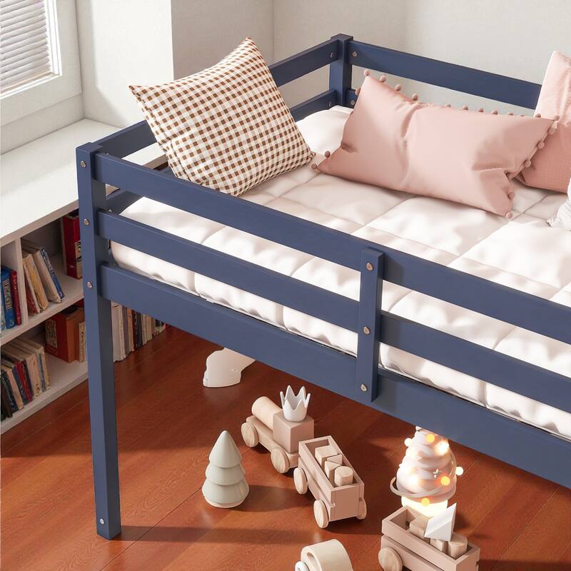 Solid Wood Twin Loft Bed with Ladder, Rubber Wood Frame Low Height Design with Guard Rails and Storage Space