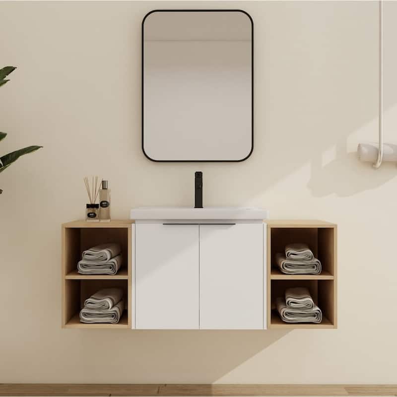 Malwee 24"/36"/48"/60" Floating Bathroom Vanity, Wall Mounted Bathroom Vanity with Ceramic Sink,Soft Close Door and Shelf