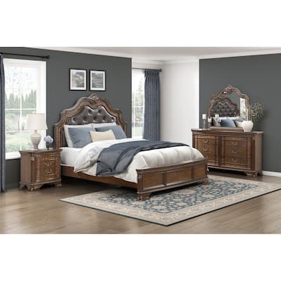 Traditional Furniture Bedroom Set Dark Brown Finish Bed Nightstand Dresser Mirror