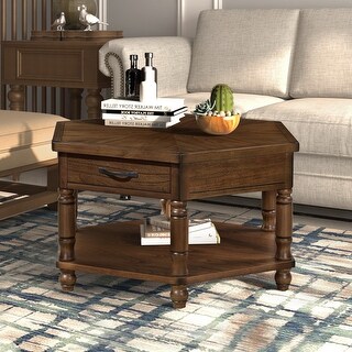 2 Tier Hexagon Solid Wood Coffee Table with Shelf and Drawer - Bed Bath ...